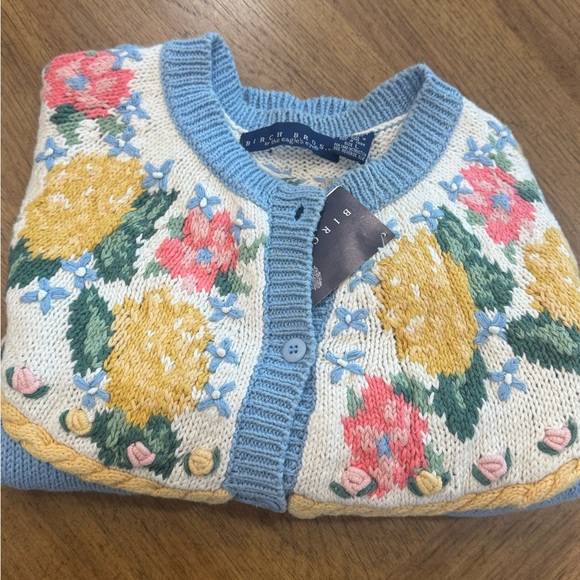 Vintage BIRCH BROS chunky cottage Floral Knit Cardigan - Blue and Yellow - Picture 5 of 10